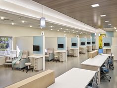 an empty office with desks and chairs in front of large windows on the ceiling