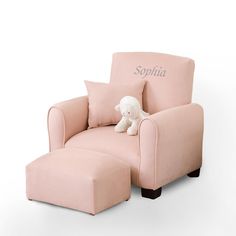 a pink chair with a white teddy bear sitting on it's back in front of the word sophia