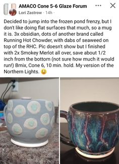 an image of two mugs with different designs on them, one is blue and the other is green