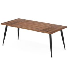 a wooden table with two black legs and a brown wood top on an isolated white background