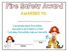 a certificate for a fire safety award with a dog and a fireman on it