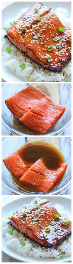 three different pictures of salmon on rice with sauce