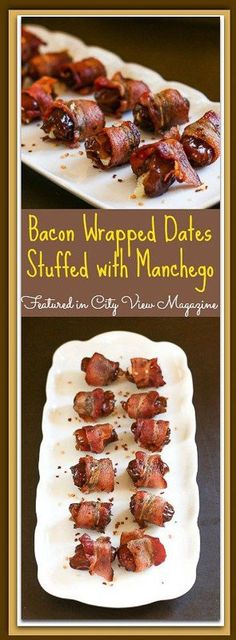 bacon wrapped dates stuffed with manchego on a white plate next to a brown background