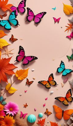 many colorful butterflies flying in the air above some rocks and flowers on a pink background