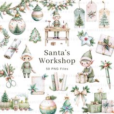 santa's workshop watercolor clipart set with christmas decorations, presents and gifts