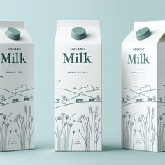 three cartons of organic milk on a light blue background, one with an image of a farm