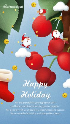 a christmas card with cherries hanging from a tree and santa claus on the stocking