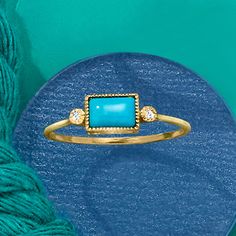 Ross-Simons - Turquoise and Diamond-Accented Ring in 14kt Yellow Gold. Size 6. RS Pure. Create the perfect stackable look with simple, modern jewelry. Add a hint of color to your outfit with our delicate ring! Here, a 4x6mm rectangular turquoise cabochon and diamond accents shine within milgrain frames. You'll wear this dainty 14kt yellow gold ring all day, every day. 3/16" wide. Turquoise ring. Turquoise And Diamond Ring, Accented Ring, Delicate Rings, Yellow Gold Ring, Turquoise Jewelry, Modern Jewelry, Yellow Gold Rings, Turquoise Ring, Your Outfit