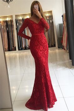 Bellasprom Red Lace Evening Dress V-Neck Memaid Party Gowns Long Sleeves Same as Picture-US2 Lace Evening Dress Long, Dresses Elegant Long, Red Lace Prom Dress, Chic Evening Dress, 2021 Prom Dresses, Long Sleeve Prom, Lace Prom Dress, Red Evening Dress, Long Sleeve Evening Dresses