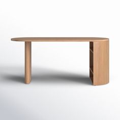 an oval wooden table with one leg extended and the other end turned down, on a white background