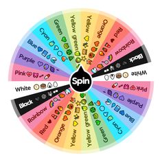 a wheel with words written in different colors and symbols on the sides, including pinky green