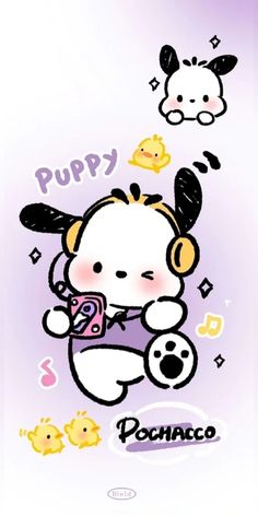 a cartoon dog with headphones and some other items above it that say puppy