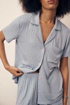 Includes buttondown top and pull-on shorts 95% Tencel™ modal, 5% elastane Chest patch pocket Machine wash Imported | Gisele Shortie Short Pajama Set by Eberjey in Blue, Women's, Size: Largearge, Elastane/Modal/Tencel at Anthropologie