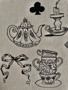 Teacup And Saucer Drawing, Simple Teacup Drawing, Alice In Wonderland Tea Cups Drawing, Vintage Object Tattoo, American Traditional Teapot Tattoo, How To Draw A Teacup, Yea Cup Drawings, Teapot And Cup Tattoo, Teacup Drawing Simple