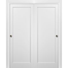 two white doors with handles on each side and an open door in the middle, against a white background