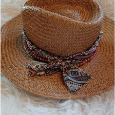 New No Tag Boho Bandana And Bead Adorned Comes 57cm Adjust Within Brown Vacation Sun Hat, Brown Straw Hat One Size Fits Most, Brown Wide Brim Straw Hat One Size, Bohemian One Size Straw Hat For Vacation, Brown Short Brim Straw Hat For Festival, Brown Toquilla Straw Hat For Festivals, Brown Beach Hat One Size, Brown One-size Beach Hat, One Size Brown Beach Hat