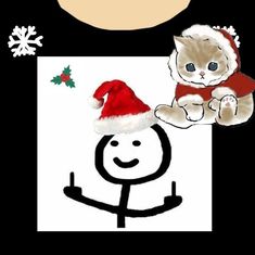 a drawing of a cat with a santa hat on