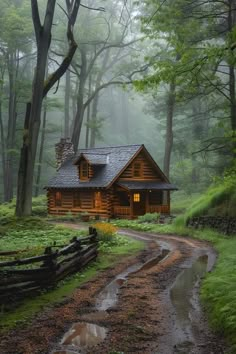 a log cabin in the woods on a foggy day with rain coming down from the trees