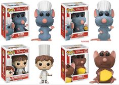 four funky little pop vinyls are shown in their packaging boxes, including one with a chef's hat on