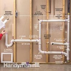 a man in red shirt standing next to a wall with pipes and piping on it