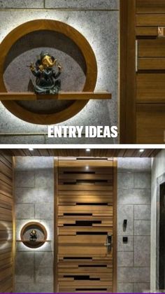 two pictures of the inside of a bathroom with wood paneling and glass doors, one in