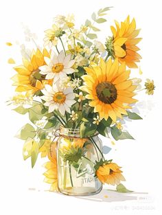 a painting of sunflowers and daisies in a mason jar on a white background