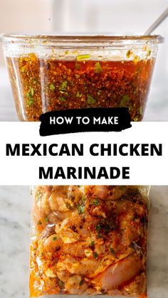 Collage with two photos of Mexican chicken marinade and with text overlay. Mexican Chicken Marinade, Chicken Marinade Recipes, Chicken Marinade, Mexican Chicken, Marinade Recipes, Chicken Marinades, Mexican Food Recipes Authentic, Homemade Sauce