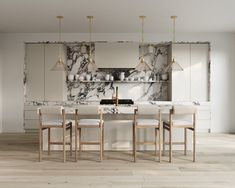 a kitchen with marble counter tops and white chairs