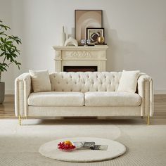 a living room with a couch, rug and potted plant on the floor in front of a fireplace