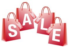 four red shopping bags with the word sale written on them are in front of a black and white background