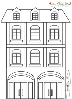 a drawing of a house with two stories and three windows on the front, in black and white