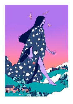 a woman walking across a field under a purple sky with white stars on her dress