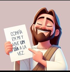 a cartoon jesus holding a sign that says confia en my vie un dia la vez