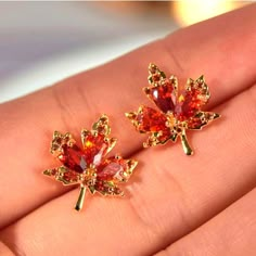 Brand New! Beautiful Rhinestone Inlaid Maple Leaf Stud Earrings Made With 925 Silver Posts Perfect Accessory For The Upcoming Autumn / Fall Season. Lightweight! Hypoallergenic! Trendy! Make An Offer. All Reasonable Offers Will Be Accepted . Fall Autumn Winter Earrings Jewelry Jewels Gems Gemstones Party Metallic Orange Brown Tan Leaves Leaf Trees Pinecones Maple Lightweight Hypoallergenic Special Gift Present Birthday Christmas Love Girl's Girl Girls Kids Kid Child Children School Pictures Dorm Accessories Minimalist, Metallic Orange, Event Fashion, Winter Earrings, Magical Jewelry, Luxury Earrings, Autumn Leaf, Red Gemstones, School Pictures