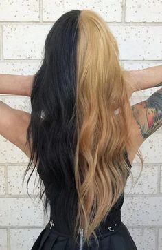 Half Black Half Blonde Hair Split Hair Color Ideas For Brunettes, Half Black Half Light Brown Hair, Hair Half Black Half Blonde, Half Black And Half Blonde Hair, Hair Dyed Half And Half, Split Dyed Hair Natural Colour, Half And Half Hair Color Blonde, Half Split Dyed Hair, Black And Blonde Hair Half