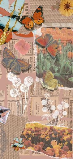 collage of butterflies, flowers and other things on newspaper paper with gold chain necklace