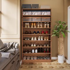 a living room filled with furniture and lots of shoes