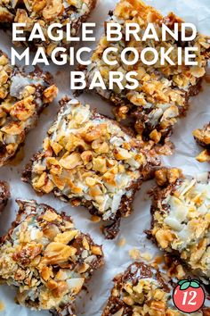 some brownies with nuts on top and the words eagle - brand magic cookie bars above them