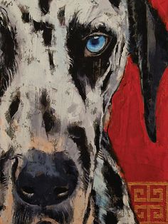 a painting of a dog with blue eyes