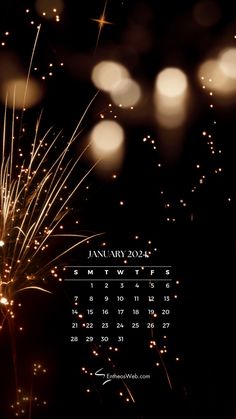 a calendar with fireworks in the background