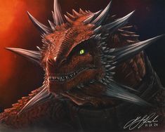 a drawing of a dragon with spikes on it's head and glowing green eyes