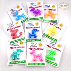 five pack of party animal magnets in assorted colors and shapes, on white background