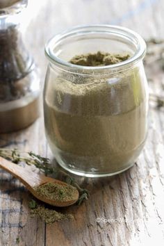 homemade poultry seasoning in a glass jar and wooden spoon with text overlay that reads homemade poultry seasoning