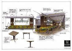 an architectural drawing of a restaurant with tables and benches