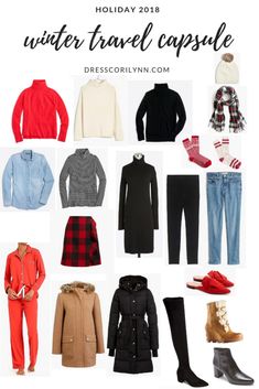 Winter travel capsule. Christmas Travel Capsule Wardrobe, Travel Clothes Women Winter, Capsule Dress, Holiday Capsule Wardrobe, Weekend Packing, Capsule Dressing