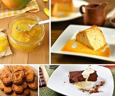 there are pictures of different desserts and pastries on the table, including apples