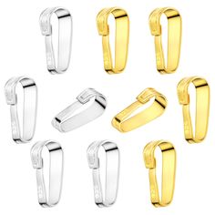 six pairs of gold and silver metal clippers with different shapes, sizes and colors