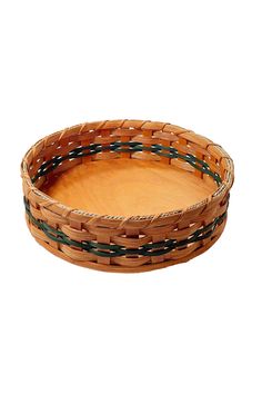 a round wooden tray with green and black lines on the rim, set against a white background