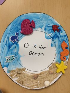 a paper plate with an ocean theme and sea animals painted on the side, along with sand and seashells