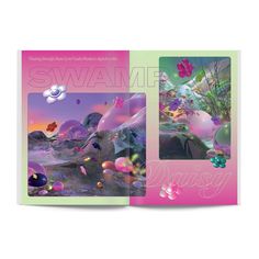 the book is opened to show an image of flowers and plants in pink, green, purple